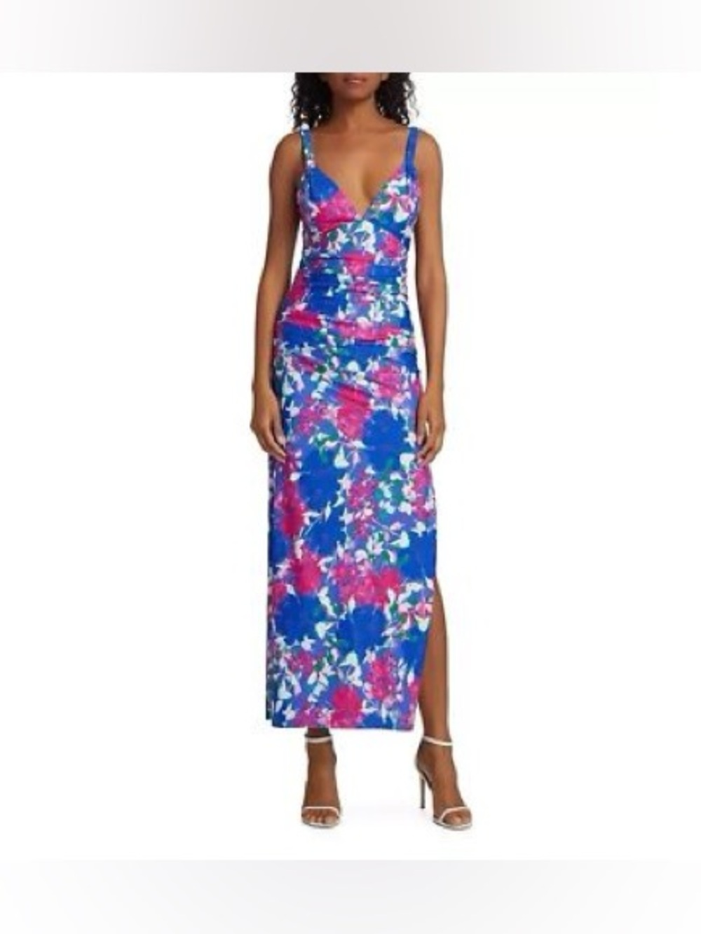Monique Lhuillier Blue and Pink Floral V-Neck Maxi Dress